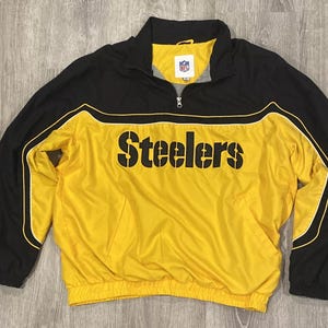 Pittsburgh Steelers Vintage NFL Pullover Jacket Black Gold Windbreaker Half Zip – Rare Find – Retro Steelers Half Zip Jacket – 90s Style