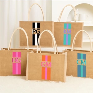 Jute Tote Carryall Bag, Striped Shadow Monogram Bag, Jute Tote, Personalized Bag, Custom Bag, Shopping Bag, Bridesmaid Gift,Bridal Party Bag