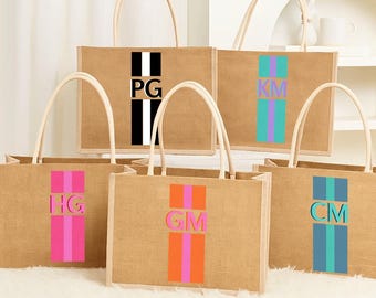 Bolsa de yute, bolsa con monograma de rayas, bolsa de yute, bolsa personalizada, bolsa personalizada, bolsa de compras, regalo para dama de honor, bolsa para fiesta nupcial