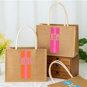 Jute Tote Carryall Bag, Shadow Monogram Jute Tote Personalized Bag, Shopping Bag, Bridesmaid Gifts, Bachelorette Party Bag, Wedding Gift Bag