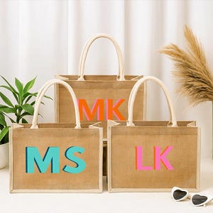Personalized Shadow Monogram Jute Carryall Bag, Bridesmaid Gift, Bridal Party Bag, Bridesmaid Proposal Gift, Wedding Gift Bag, Beach Bag