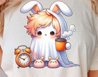 Sleepy Ghost Bunny PNG | Cute Kawaii Ghost with Coffee & Slippers | Cozy Halloween Morning Sublimation | Instant Digital Download