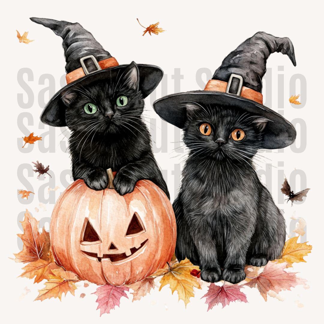 Black Cat Halloween PNG, Witch Hat Cats With Pumpkin, Cute Fall Clipart ...