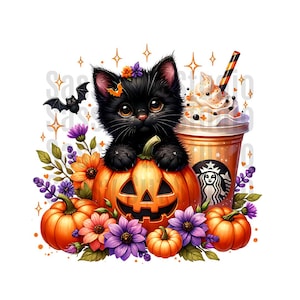 May include: A digital illustration featuring a black cat perched on an orange jack-o'-lantern. The cat is surrounded by orange, purple, and yellow flowers, with a bat and a coffee cup. The coffee cup has whipped cream and a striped straw. Halloween theme.