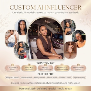 May include: A digital graphic titled CUSTOM AI INFLUENCER featuring a central image of a person in a car surrounded by smaller circular photos of the same person in various outfits. Text includes WHAT YOU GET, PERFECT FOR, and descriptive labels.