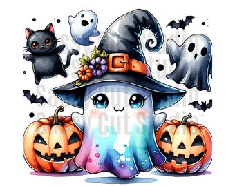 Leuk Halloween-spook, png-bestand | Kawaii-heksenspook met pompoenen, kat en vleermuizen | Sublimatieontwerp met pastelkleurige regenboog | Digitale download