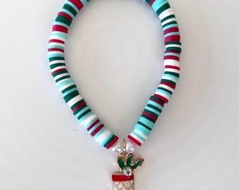 Christmas Clay Heishi Bracelet | Stocking Charm, Holiday Jewelry