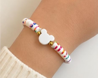 White Confetti Mouse Charm Beaded Bracelet | Mickey Mouse Inspired Stretch Bracelet | Rainbow Clay Bead Bracelet | Gift for Kids & Adults