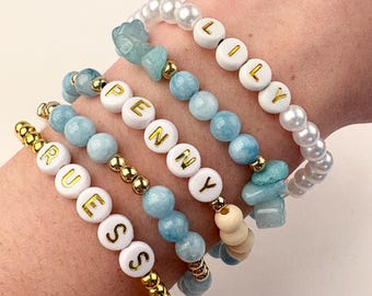 Personalized Name Beaded Bracelet: Gemstone, Pearl & Gold