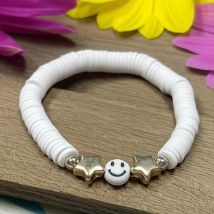 Smiley Face Beaded Bracelet: White Acrylic Beads, Metal Charm