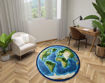 May include: A round rug with a blue and green design depicting the Earth. The rug is in a living room setting with a chair and a desk.