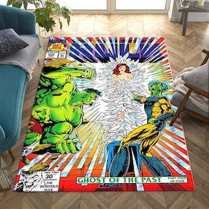 May include: A rectangular area rug featuring a Marvel comic book cover illustration of the Incredible Hulk, a green muscular figure, facing a yellow and blue armored character. A red-haired figure is encased in white crystals in the center.