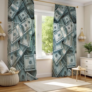 Cortina de la riqueza con diseño de lluvia de dinero, cortina con billetes de cien dólares, cortina para el hogar con mensaje de éxito y motivación, cortina para guardería con mensaje de emprendedor audaz, cortina para habitación infantil