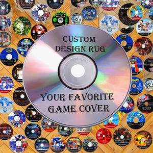 May include: A custom design rug with a central CD design, displaying the text "CUSTOM DESIGN RUG" and "YOUR FAVORITE GAME COVER". The rug is decorated with various game covers, such as "Silent Hill 3" and "Sonic Heroes".