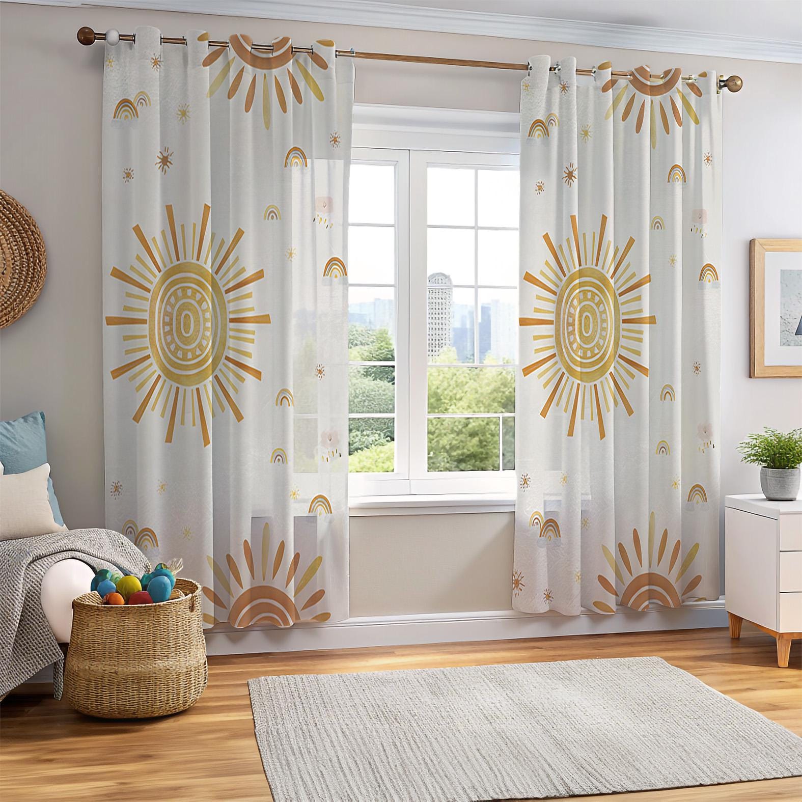 Tenda per cameretta Sunny Boho, tende per finestre con sole giallo e arcobaleno, tenda con sole disegnato a mano, tende per cameretta dei bambini