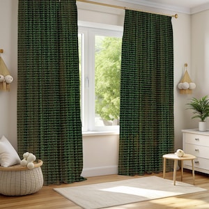 Cortinas verdes con estampado de código digital - Cortinas impermeables estilo Matrix Cyberpunk para sala de juegos, dormitorio y oficina.