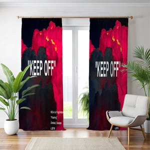 KEEP OFF Graphic Window Curtains, Streetwear Inspired Abstract Drapes, Urban Style Red and Black Clouds Window Treatments