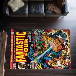Comic Book Classic Team Battle Area Rug, Retro Graphic Novel Action Scene Floor Carpet, Classic Illustrated Monster Clash Home Mat
