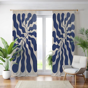 Abstrakt gardin i kungblått, vågiga botaniska silhuetter, minimalistiska nautiska hemgardiner, vardagsrumsgardiner
