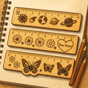 Personalized Wooden Ruler Laser Cut School Gift with Fun Designs Laser Cut 3mm Plywood (cdr, dxf, ai, svg file formats)