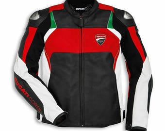 Ducati Corse Lädermotorcykeljacka – Röd Svart Vit Äkta Kohud Sportmotorcykeljacka