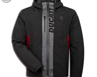 Ducati motorcykeljacka med huva, svart | Vattentät motorcykeljacka | Ducati-stil softshell-motorcykeljacka för män