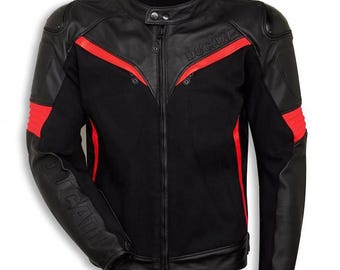 Ducati-stil svartröd motorcykelläderjacka | Herrcykeljacka för motorcyklar | Racingjacka
