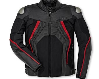 Chaqueta de cuero y tela Ducati Fighter C1 Style Chaqueta de moto de cuero negro con rayas rojas