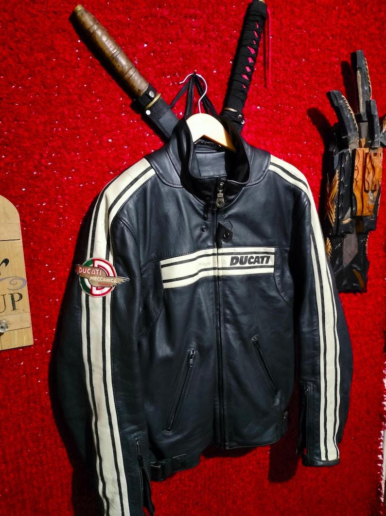 Vintage Ducati Meccanica Leather Jacket - Black Cafe Racer Motorcycle Jacket with Racing Stripes
