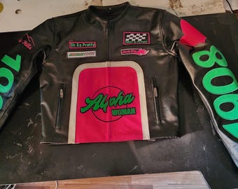Chaqueta corta de cuero Alpha Woman: chaqueta de motociclista estilo racing negra y rosa, abrigo hecho a mano