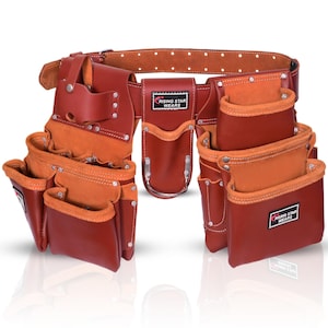 May include: A brown leather tool belt with multiple pockets and pouches. The belt features a contrasting orange suede lining on the pockets and is secured with a buckle. The brand name "RISING STAR WEARS" is visible on a label.