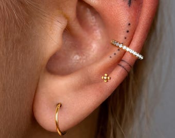 Titanium • Petal Cross • Flat Back Threadless  • Handmade 20G/18G/16G Push Pin Earring • Gold Silver • Helix Tragus Conch Nose Piercing