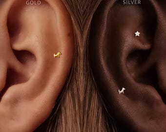 Titanium • Mini Dog Stud • Flat Back Threadless  • Handmade 20G/18G/16G Push Pin Earring • Gold Silver • Helix Tragus Conch Nose Piercing
