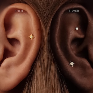 Pode incluir: Um brinco de estrela dourado com uma pedra central é mostrado na orelha esquerda rotulada como GOLD. Na orelha direita rotulada como SILVER, um pequeno brinco de estrela de cinco pontas e um brinco de estrela prateado são exibidos.