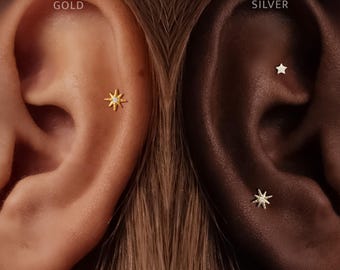 Titanium • Star Stud • Flat Back Threadless  • Handmade 20G/18G/16G Push Pin Earring • Gold Silver • Helix Tragus Conch Nose Piercing