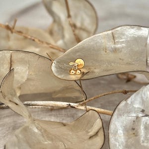 May include: A small gold stud earring shaped like two cherries with a stem. The jewelry piece features a polished metallic finish and a flat circular backing, designed as a delicate accessory for ear piercings with a simple and classic aesthetic.