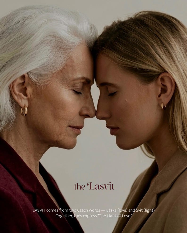 May include: Two individuals with closed eyes facing each other, wearing small gold hoop earrings. The text reads: the Lasvit. LASVIT comes from two Czech words &mdash; L&aacute;ska (love) and Svit (light). Together, they express "The Light of Love."
