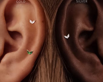 Titanium • CZ Leaf Stud • Flat Back Threadless  • Handmade 20G/18G/16G Push Pin Earring • Gold Silver • Helix Tragus Conch Nose Ring