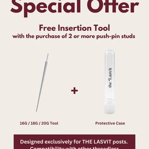 May include: A thin metal insertion tool for 16G, 18G, and 20G jewelry alongside a clear cylindrical protective case labeled 'the Lasvit'. Text reads 'Special Offer', 'Free Insertion Tool', and 'Designed exclusively for THE LASVIT posts'.