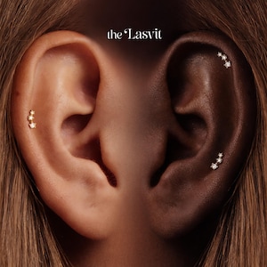 Könnte beinhalten: Das Bild zeigt zwei Ohren, eines mit goldenen Ohrringen und das andere mit Diamantohrringen. Die Ohrringe sind kleine Stecker, die in einer vertikalen Linie angeordnet sind. Der Text "the Lasvit" befindet sich oben rechts.