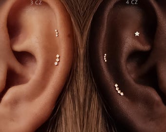 Titanium •3CZ or 4CZ • Flat Back Threadless  • Handmade 20G/18G/16G Push Pin Earring • Gold Silver • Helix Tragus Conch Nose Piercing