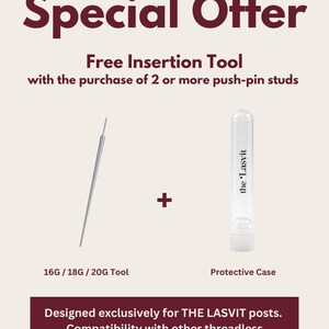 May include: A thin metal insertion tool for 16G, 18G, and 20G jewelry alongside a clear cylindrical protective case labeled 'the Lasvit'. Text reads 'Special Offer', 'Free Insertion Tool', and 'Designed exclusively for THE LASVIT posts'.