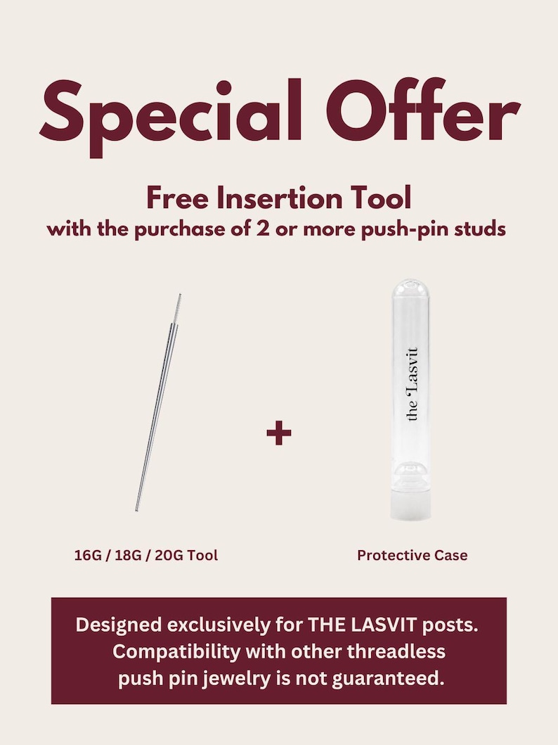 May include: A thin metal insertion tool for 16G, 18G, and 20G jewelry alongside a clear cylindrical protective case labeled 'the Lasvit'. Text reads 'Special Offer', 'Free Insertion Tool', and 'Designed exclusively for THE LASVIT posts'.
