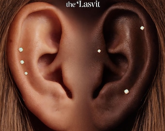 Titanium • Opal Stud • Flat Back Threadless  • Handmade 20G/18G/16G Push Pin Earring • Gold Silver • Helix Tragus Conch Nose Piercing