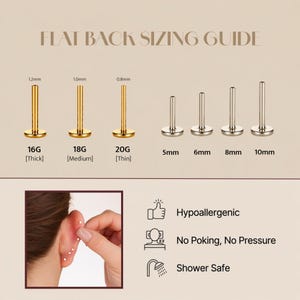 May include: A flat back sizing guide for body jewelry featuring gold and silver-toned posts. The chart displays gauges 16G, 18G, and 20G alongside lengths of 5mm, 6mm, 8mm, and 10mm. Icons indicate the jewelry is hypoallergenic, comfortable, and shower safe.