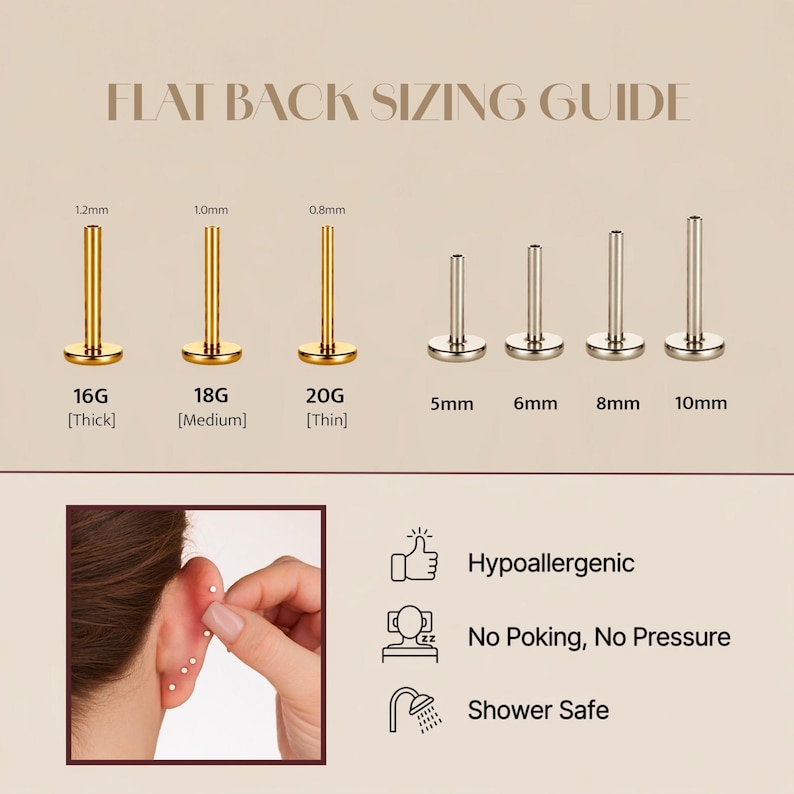 May include: A flat back sizing guide for body jewelry featuring gold and silver-toned posts. The chart displays gauges 16G, 18G, and 20G alongside lengths of 5mm, 6mm, 8mm, and 10mm. Icons indicate the jewelry is hypoallergenic, comfortable, and shower safe.