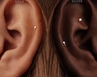 Titanium • CZ Spike Stud • Flat Back Threadless  • Handmade 20G/18G/16G Push Pin Earring • Gold Silver • Helix Tragus Conch Nose Piercing