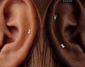 Titanium • Baguette Stud • Flat Back Threadless  • Handmade 20G/18G/16G Push Pin Earring • Gold Silver • Helix Tragus Conch Nose Ring