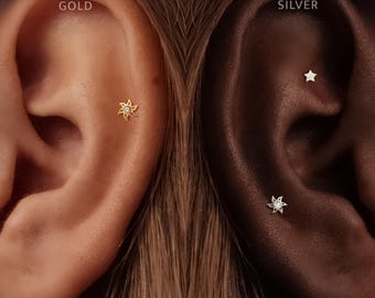 Titanium • Flower Stud • Flat Back Threadless  • Handmade 20G/18G/16G Push Pin Earring • Gold Silver • Helix Tragus Conch Nose Piercing