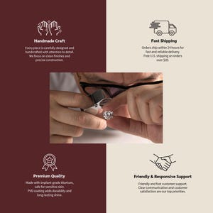 May include: A round, clear gemstone held by fingers while being inspected through a magnifying loupe. The image includes four text sections: Handmade Craft, Fast Shipping, Premium Quality, and Friendly & Responsive Support with icons.